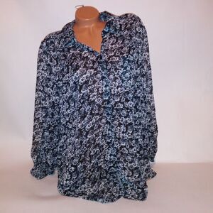 Avenue Button Down Shirt Womens 22 24 Black White Gray Floral Collared Sheer
